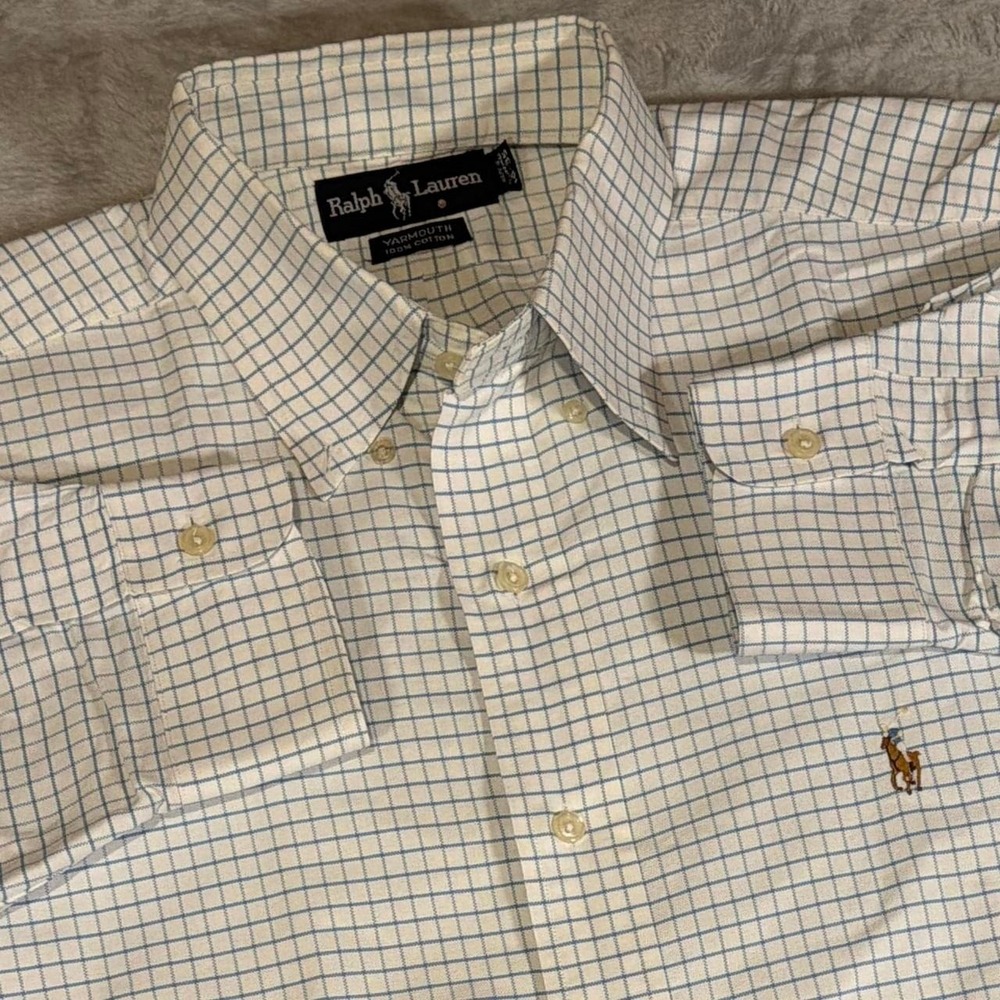 Vintage Ralph Lauren Yarmouth Button Down Shirt | White/Blue Check | 17 34/35